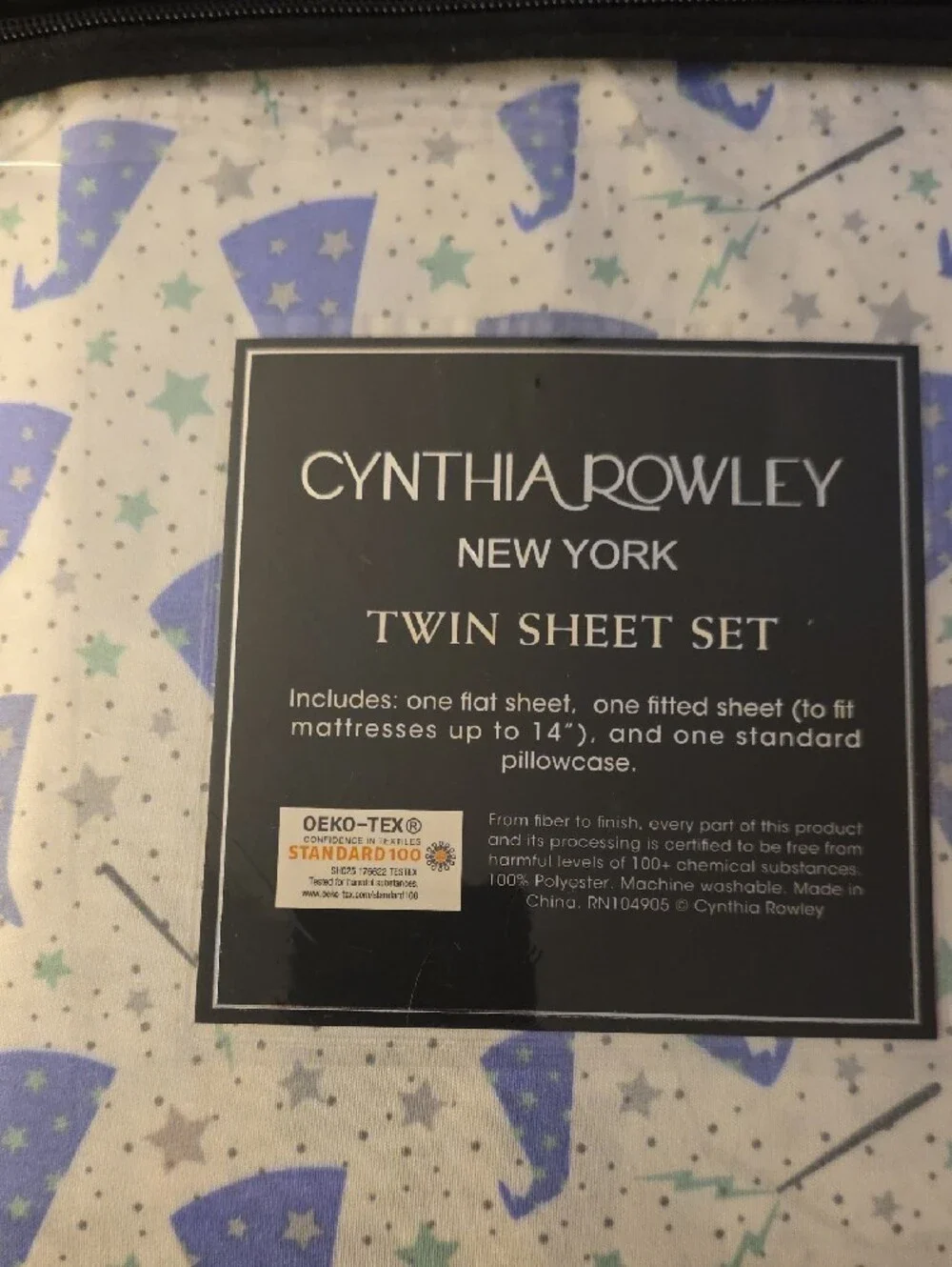 Cynthia Rowley White Twin Sheet Set with Blue Wizard Hat Print With Bonus